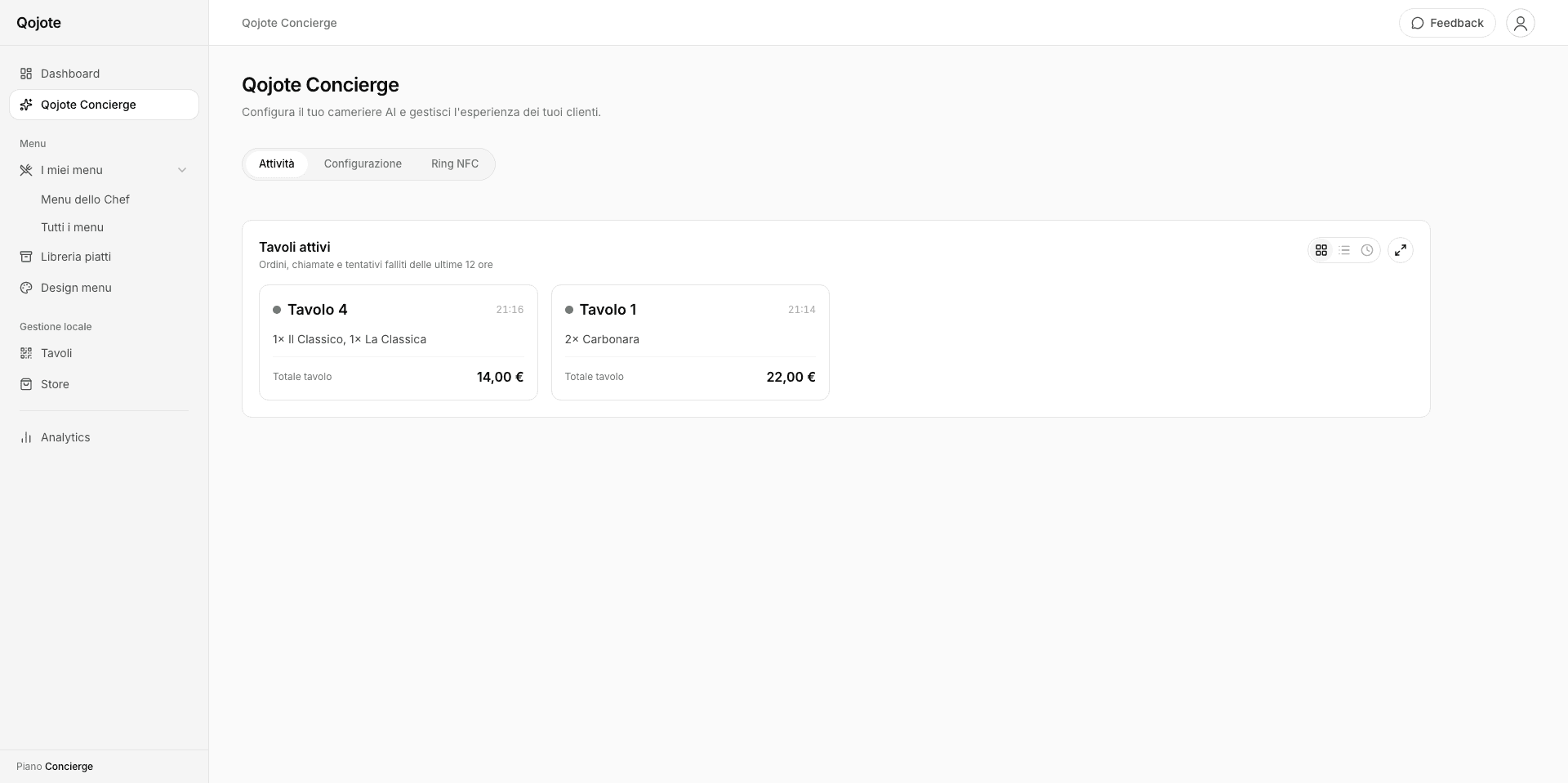 La dashboard Qojote con gli ordini dei tavoli in tempo reale